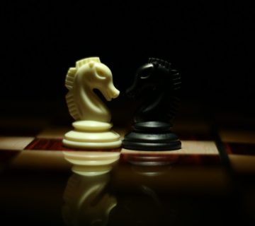 Two white and black chess knights facing each other on chess 839428 360x320