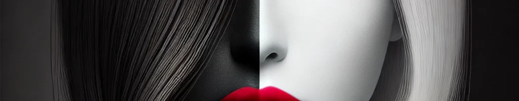 DALL·E 2024 10 25 14 52 27 A surreal image of a womans face split down the middle one half with jet black hair and the other with pure white hair  The black side blends into a 1024x200