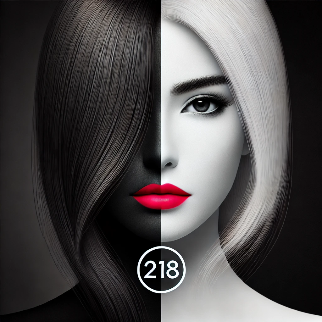 DALL·E 2024 10 25 14 52 27 A surreal image of a womans face split down the middle one half with jet black hair and the other with pure white hair The black side blends into a