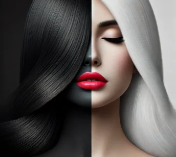 DALL·E 2024 10 25 14 51 14 A surreal image of a womans face split perfectly down the middle with one half of her hair jet black and the other half pure white  The black side b 360x320
