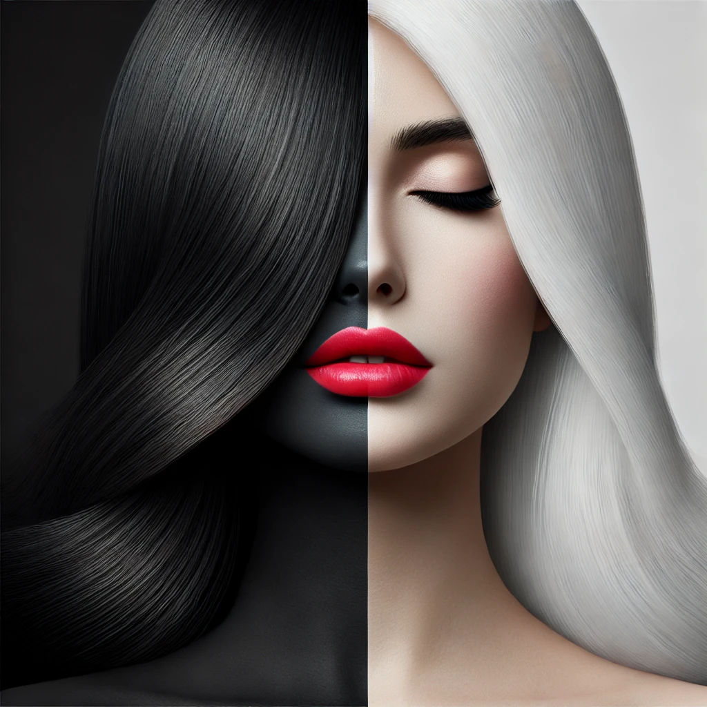 DALL·E 2024 10 25 14 51 14 A surreal image of a womans face split perfectly down the middle with one half of her hair jet black and the other half pure white  The black side b
